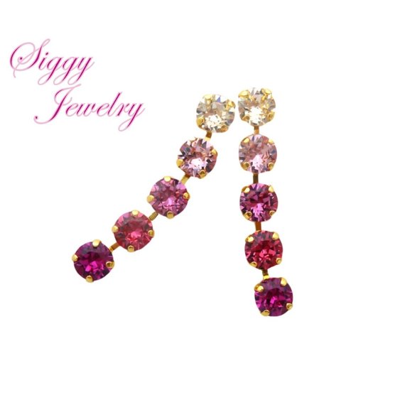 Austrian Crystal Statement Earrings, 5 Stone Long Dangle, Rose Pink Ombré Design - Picture 2 of 5